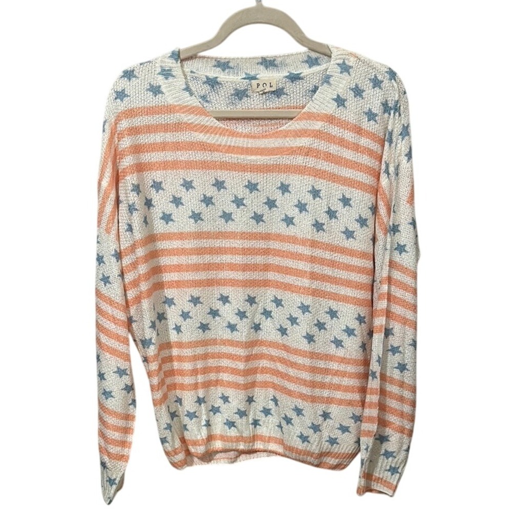 POL Blue and Orange Crew‎ Neck Sweater Stars and Stripes America Patriotic